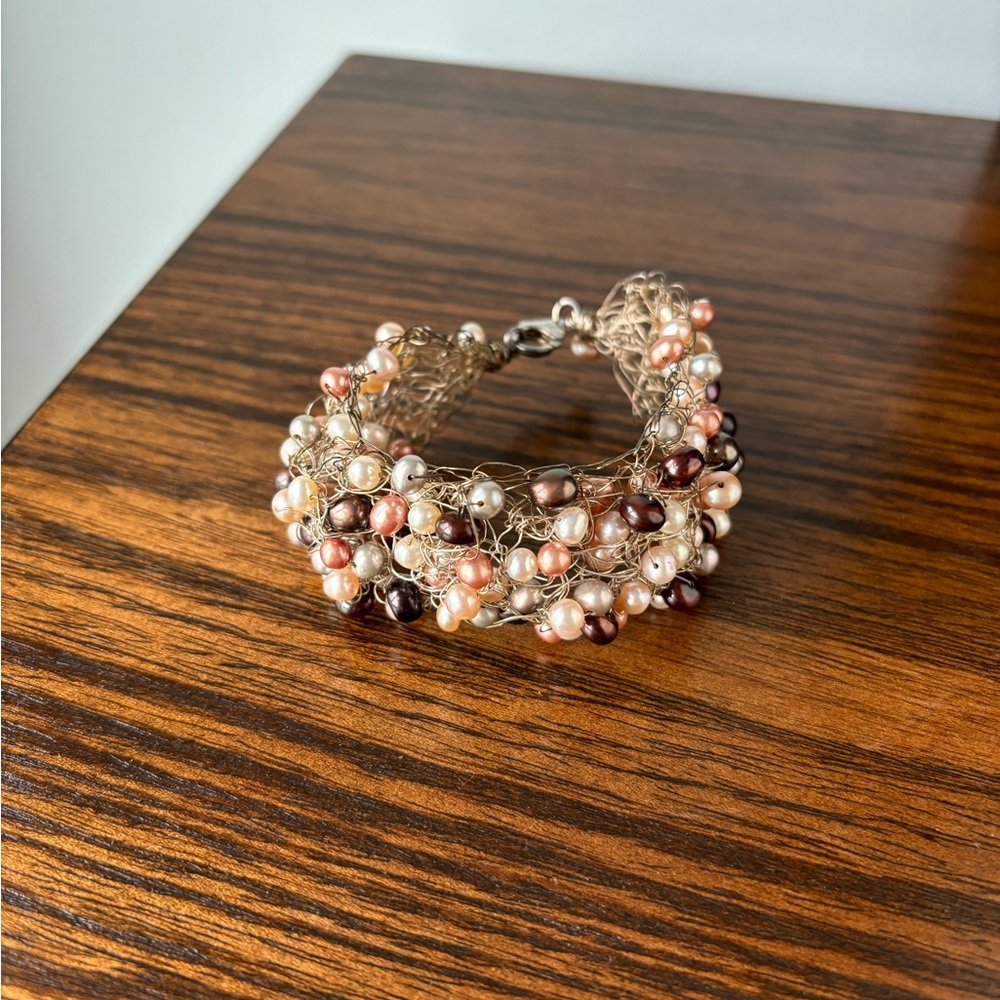 Silver wire multi color pearl bracelet